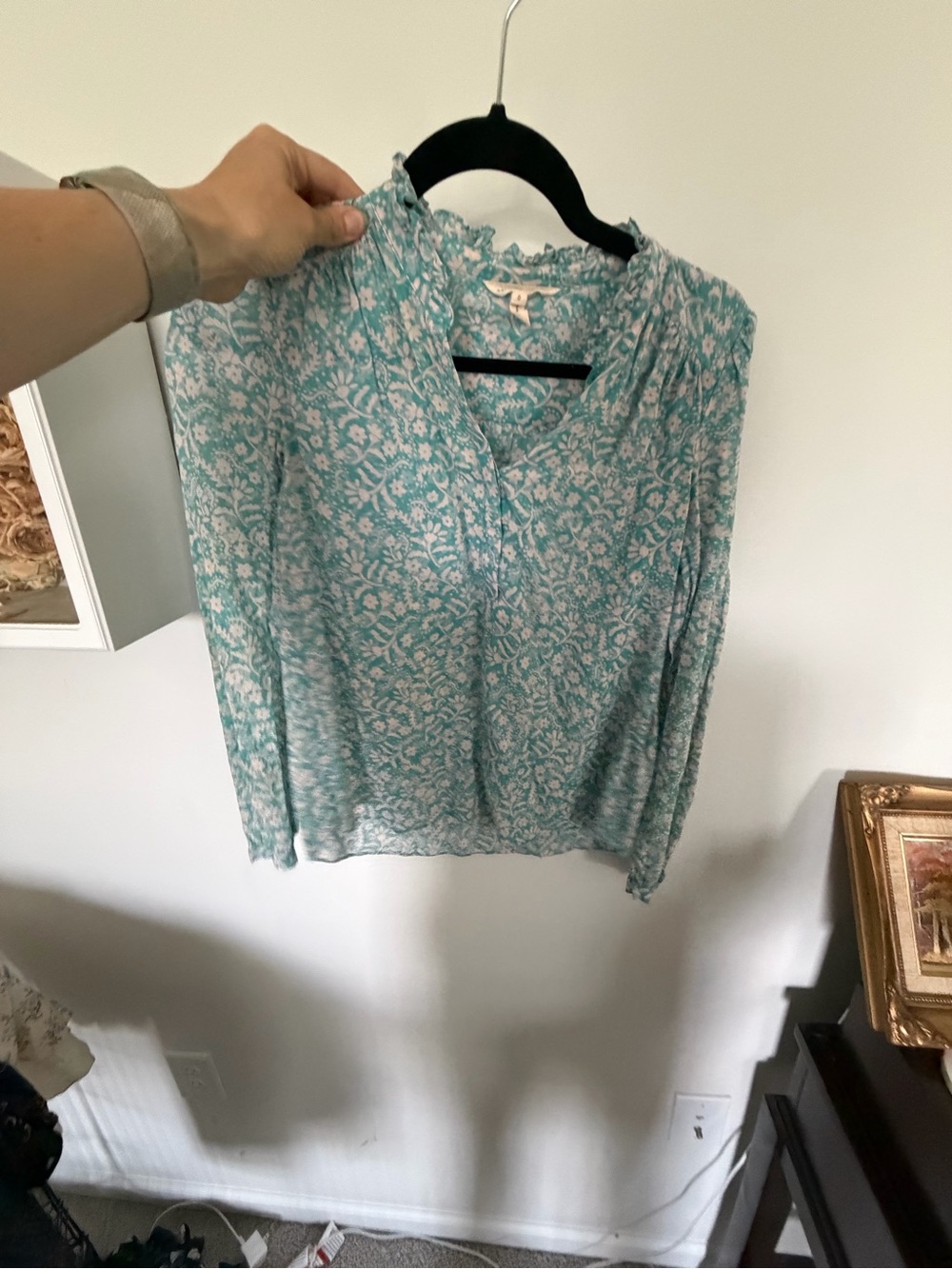 Rebecca Taylor Aqua Floral V-Neck Long Sleeve Blouse